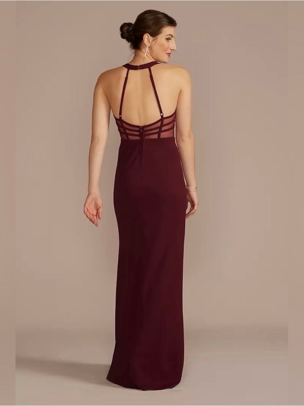 City Triangles Ruched Sleeveless V-Neck Burgundy Prom Gown with High Slit Size 6
